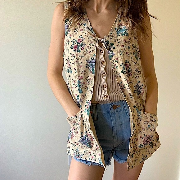 Vintage Tops - Vintage Floral Handmade Reversible Vest - Front Tie
